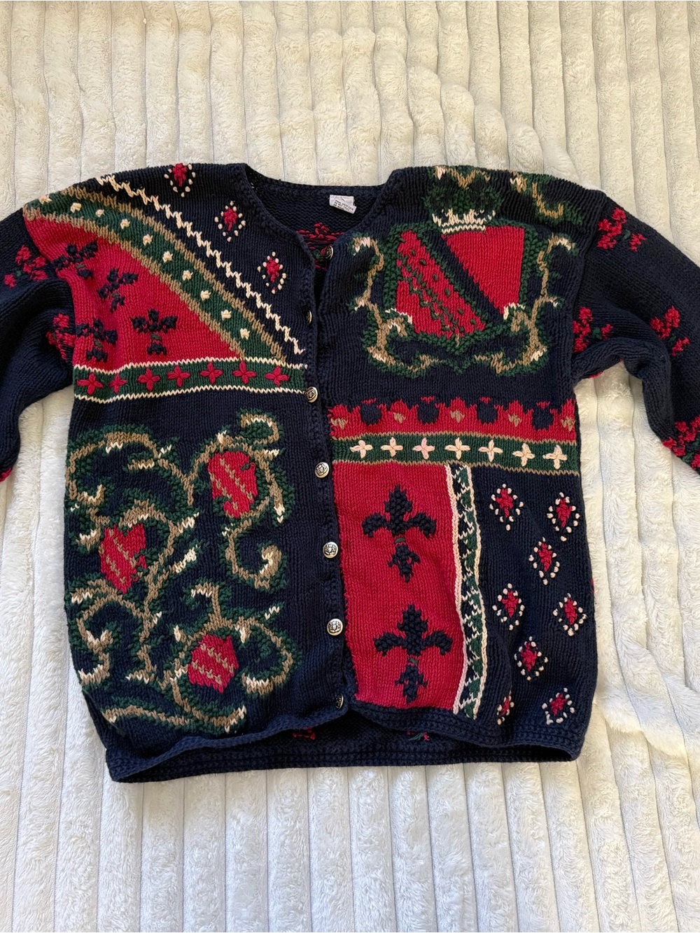 Navy & Red Patterned Women's Button-Front Cardigan